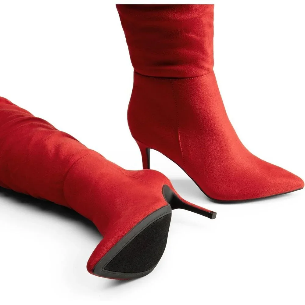 Women's Red-suede Faux Leather Over The Knee Boots Thigh High Pointed Toe Boot